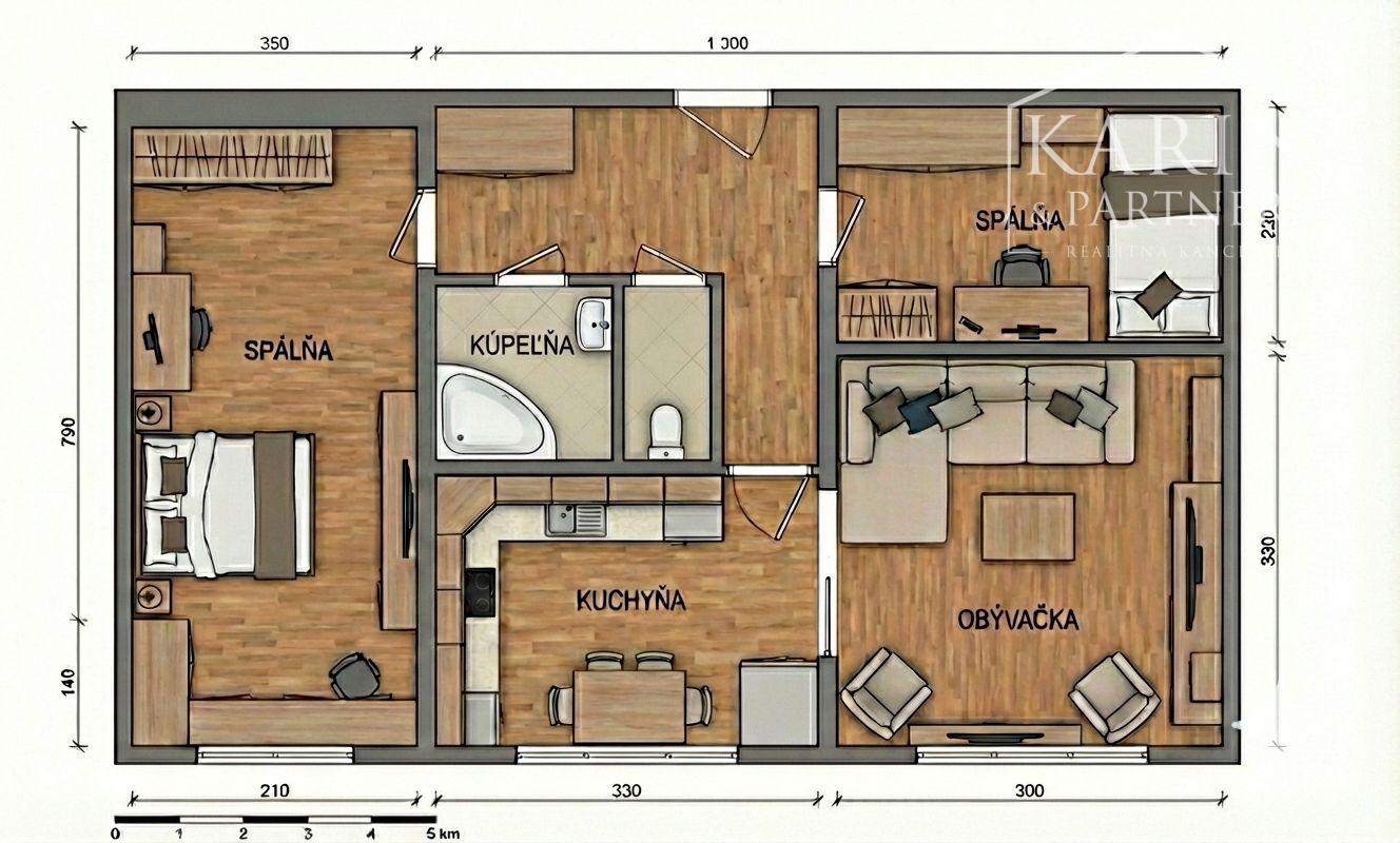 ZARIADENÝ PRIESTRANNÝ A SLNEČNÝ 2I BYT DISPOZIČNE UPRAVENÝ NA 3I